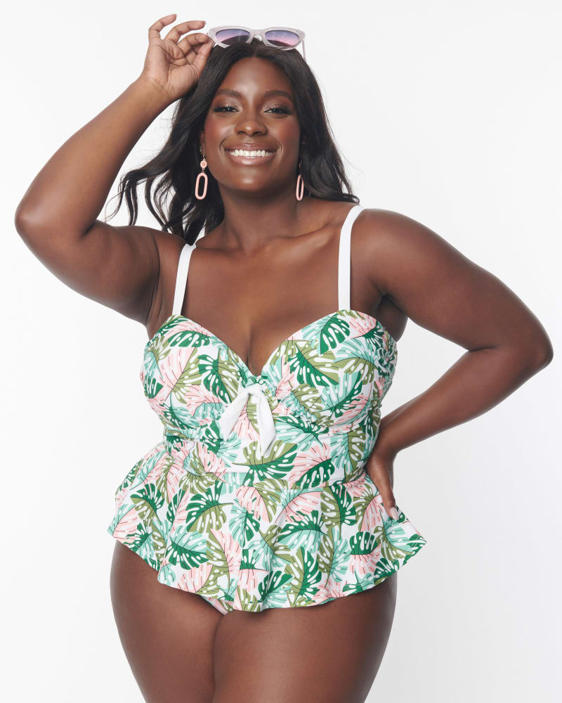 Front of a model wearing a size XL Unique Vintage Green & Pink Monstera Print Daphne Swim Bottoms in Green & Pink Monstera Print by Unique Vintage. | dia_product_style_image_id:332093